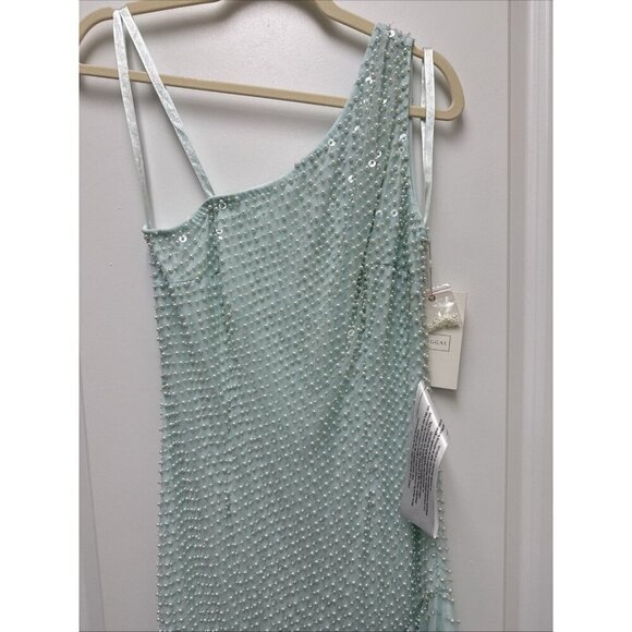 MAC DUGGAL Size 6 Green 93741 ONE SHOULDER Pearl Sequin Midi GOWN Formal Dress - Picture 5 of 11